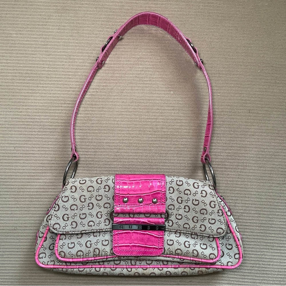 GUESS Vintage Y2K Quattro G Monogram Hot Pink Croc Baguette Shoulder Bag